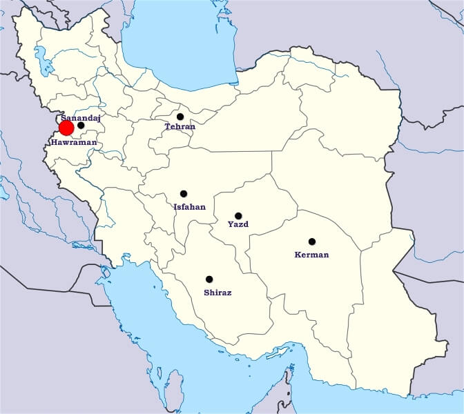 Hawraman in Iran Map