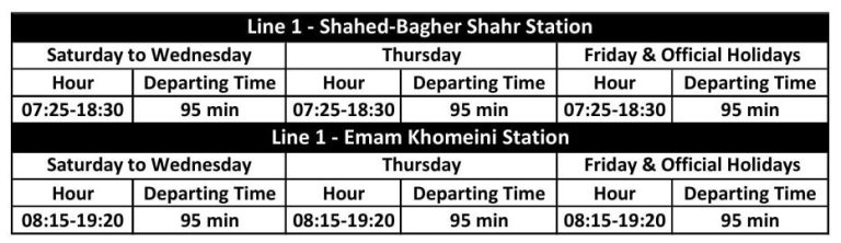 Time Table for Tehran Metro Line 1 - IKA Airport Metro Line
