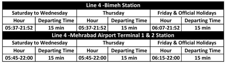 Time Table for Tehran Metro Line 4 - Mehrabad Airport Metro Line